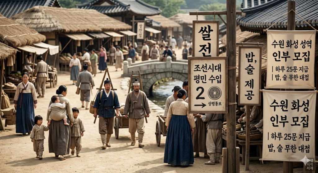 조선시대 평민의 수입과 상평통보 가치를 보여주는 저잣거리 풍경 및 수원 화성 인부 모집 공고 이미지

