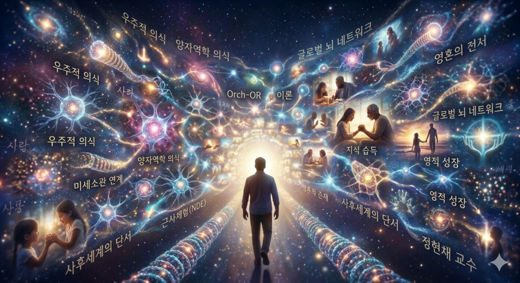 정현채 교수가 강조하는 사후세계의 과학적 증거인 근사체험(NDE)과 양자역학적 의식의 확장을 형상화한 신비로운 우주 네트워크 이미지