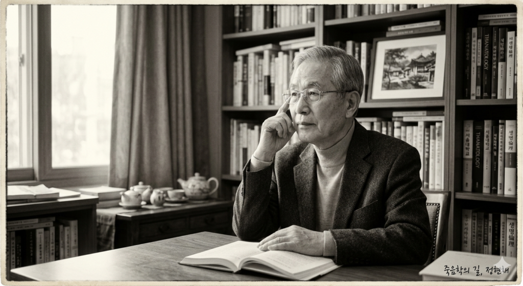 죽음학 정현채 교수의 사후 세계 연구와 웰다잉 강의를 상징하는 학자의 인자하고 지적인 모습