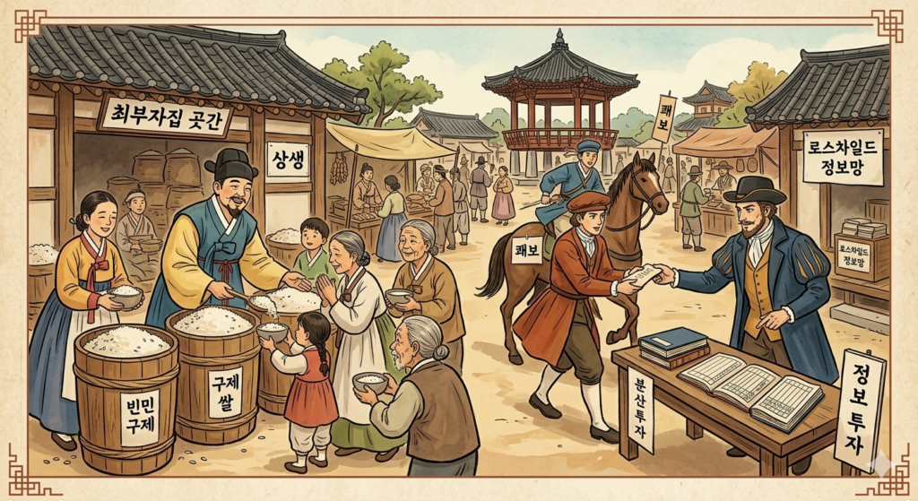 역사 속 부자들은 어떻게 부를 지켰을까 - 경주 최부자댁의 상생 나눔과 로스차일드 가문의 정보 네트워크를 상징하는 풍속화 이미지
