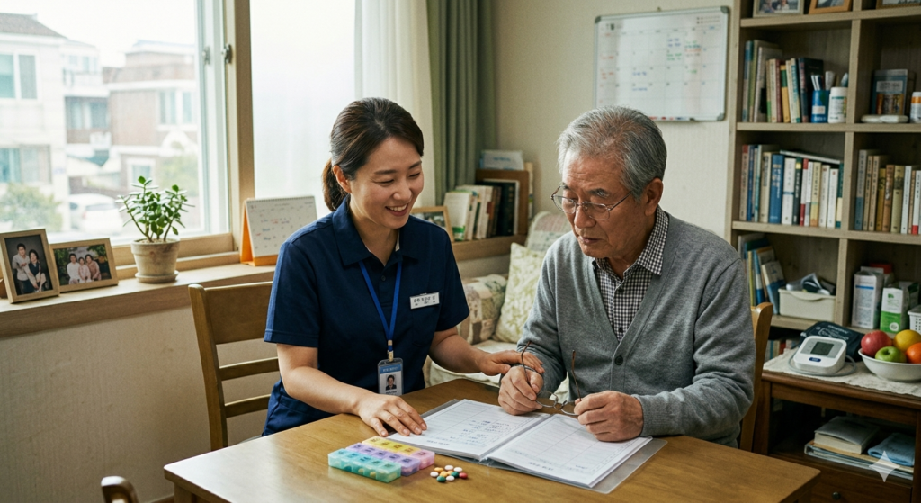 노인이 정부 지원 복지 혜택을 받고 있는 이미지 