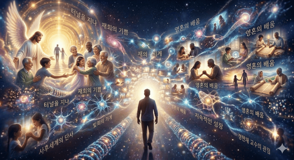 정현채 교수의 죽음학 강의를 기반으로 형상화한 죽음 이후의 세계: 빛의 터널 통과, 사랑하는 이들과의 영광스러운 재회, 그리고 영혼의 지속적인 성장을 표현한 영적 여정 이미지
