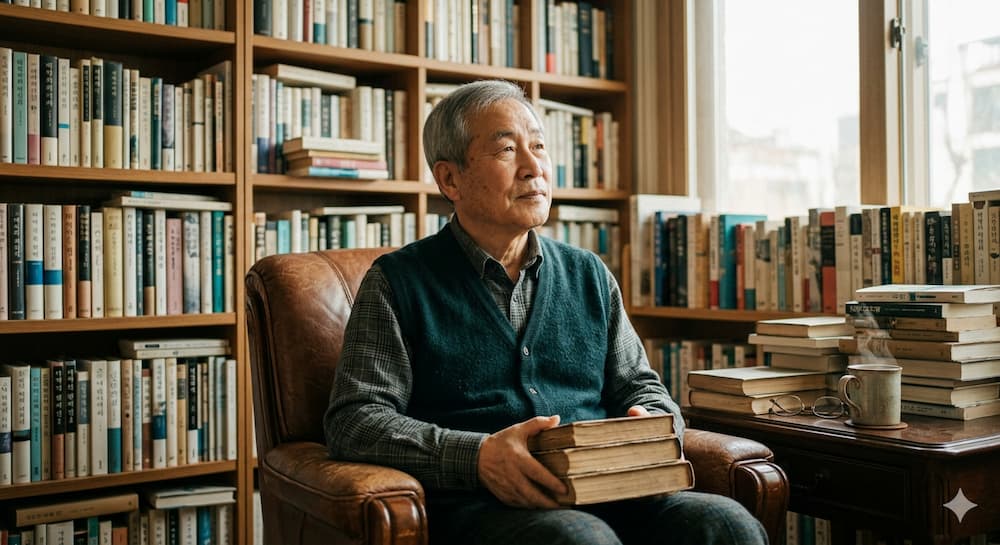 죽음학 관점에서 자살로 인한 영혼의 상처와 혼란을 치유하기 위해 따뜻한 서재에 앉아 깊은 사색과 연구에 집중하고 있는 노년의 정현채 교수 모습을 담은 일러스트 이미지
