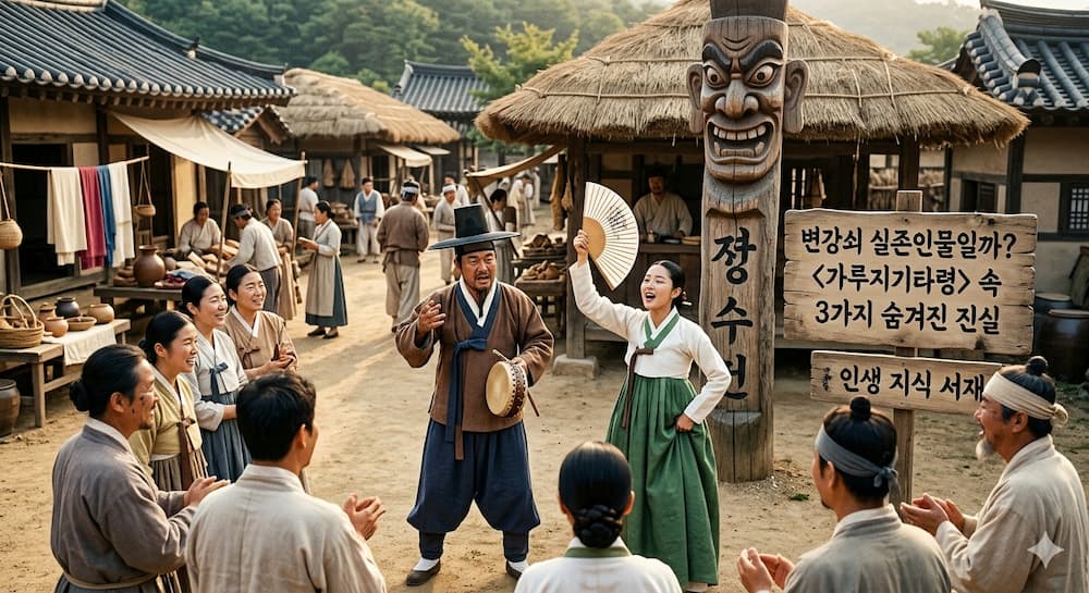 변강쇠는 실존인물 여부와 판소리 <가루지기타령> 속에 숨겨진 3가지 진실에 관한 블로그 포스팅 썸네일 이미지. 조선시대 한옥 정자에서 변강쇠와 옹녀를 상징하는 남녀가 장승을 배경으로 해학적인 퍼포먼스를 선보이고 있으며, 주요 한글 텍스트가 명확하게 기재되어 있다."