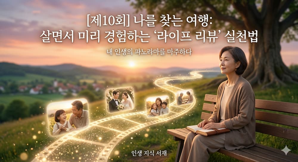 살면서 미리 경험하는 라이프 리뷰 실천법을 시각화한 블로그 대표 이미지. 따스한 노을이 지는 평화로운 언덕 위 벤치에 앉아 자신의 인생 파노라마를 미소 지으며 돌아보는 중년 여성의 모습과 필름처럼 흐르는 과거의 행복했던 기억들.
