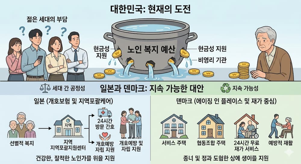 상단에는 **'노인 복지 예산 낭비'**를 상징하는 구멍 난 가마솥에서 예산이 새어 나가고, 이를 바라보는 젊은 세대의 근심 어린 표정을 통해 현재의 도전을 시각화했습니다. 하단은 이에 대한 지속 가능한 대안으로 일본의 '지역포괄케어'(선별적 복지, 자립 지원)와 덴마크의 '에이징 인 플레이스'(24시간 재가 서비스, 예방적 재활) 모델을 인포그래픽으로 대비시켜, 효율적인 예산 집행과 세대 간 공정성의 필요성을 강조한 이미지입니다."