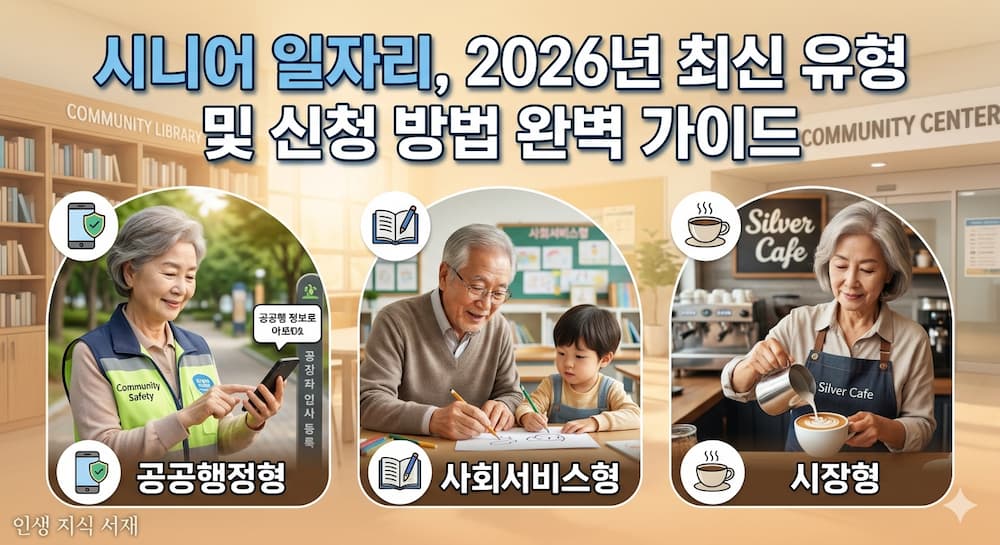 상단에는 **'시니어 일자리, 2026년 최신 유형 및 신청 방법 완벽 가이드'**라는 제목이 적혀 있습니다. 그 아래로 스마트폰을 활용하는 공공행정형, 아이를 가르치는 사회서비스형, 카페에서 일하는 시장형 등 3가지 시니어 일자리 유형이 인포그래픽으로 대비되어 어르신의 활기찬 제2의 인생을 시각화한 이미지입니다."