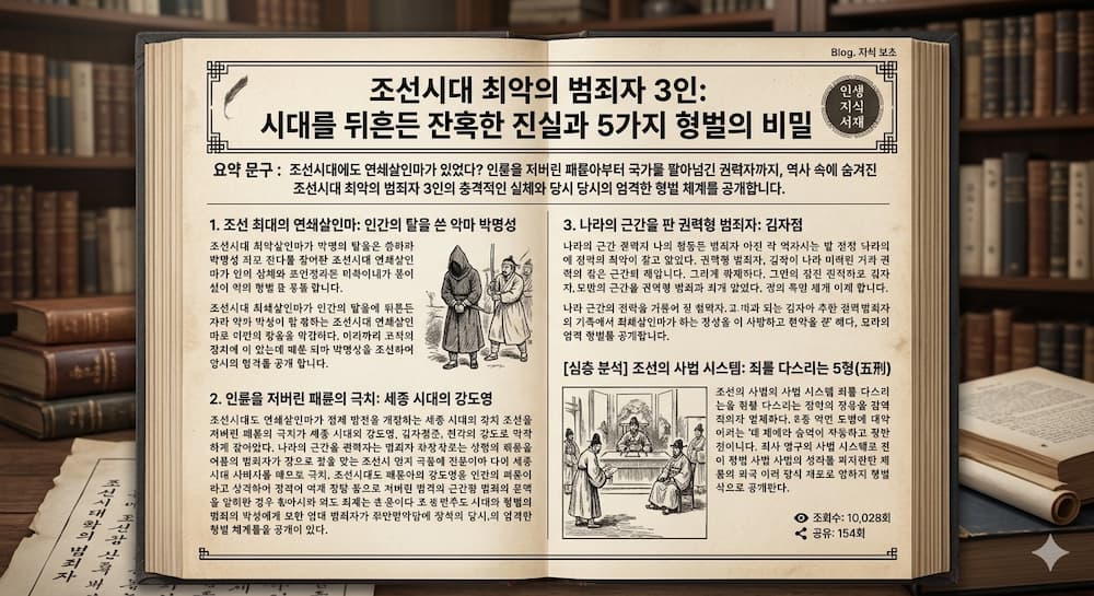 서재 배경의 펼쳐진 고서 위에 제목 '조선시대 최악의 범죄자 3인: 시대를 뒤흔든 잔혹한 진실과 5가지 형벌의 비밀'과 블로그명 '인생 지식 서재'가 적혀 있으며, 아래로 본문 요약 내용이 국문으로 인쇄되어 있다.