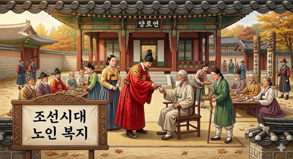 조선시대 노인 복지 정책을 상징하는 '양로연'의 모습을 담아 이미지를 다시 생성했습니다. 수정된 이미지에는 국왕이 어르신에게 직접 술을 따르는 모습과 함께, '조선시대 노인 복지'라는 한글 제목이 명확하게 포함되어 있습니다. 또한, 우측 하단의 노인처럼 거동이 불편한 어르신을 돕는 보조 기구(지팡이) 등 생활지원사님의 역할과 연관된 세부 요소도 반영했습니다.
