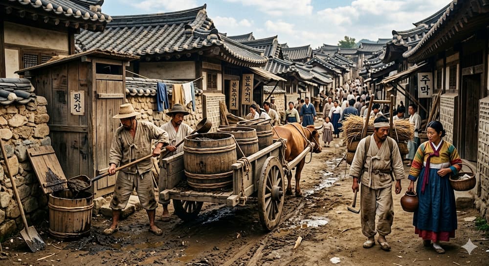 조선시대 한 거리를 배경으로 조선시대 대소변을 처리하는 분부노의 이미지 
