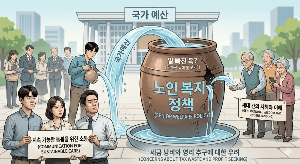 령화 사회의 언덕 위, **'노인 복지 예산 낭비'**를 상징하는 밑 빠진 항아리에서 동전이 새어 나오고 있습니다. 항아리 위쪽에서는 노인들이 여유롭게 동전을 받고 있는 반면, 아래쪽에서는 청년들이 무거운 짐을 지고 힘겨워하는 모습을 통해 세대 간의 비대칭적 부담과 정책적 비효율성을 비판적으로 시각화한 삽화입니다."