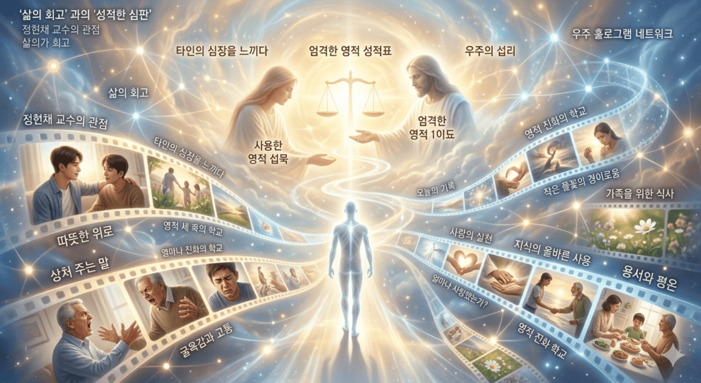 정현채 교수의 죽음학 강의를 기반으로 형상화한 '삶의 회고(Life Review)' 단계: 죽음 이후의 세계에서 펼쳐지는 인생의 파노라마와 타인의 감정을 고스란히 재체험하며 영혼 스스로 행하는 엄격한 심판 과정을 시각화한 이미지

